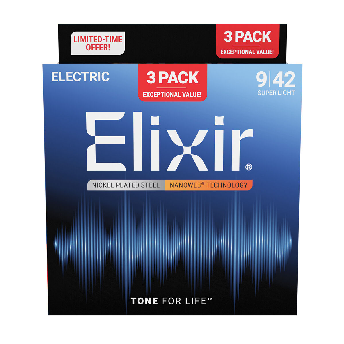Elixir Nanoweb Nickel Plated Steel Electric Guitar Strings Super Light 9-42 3-Pack