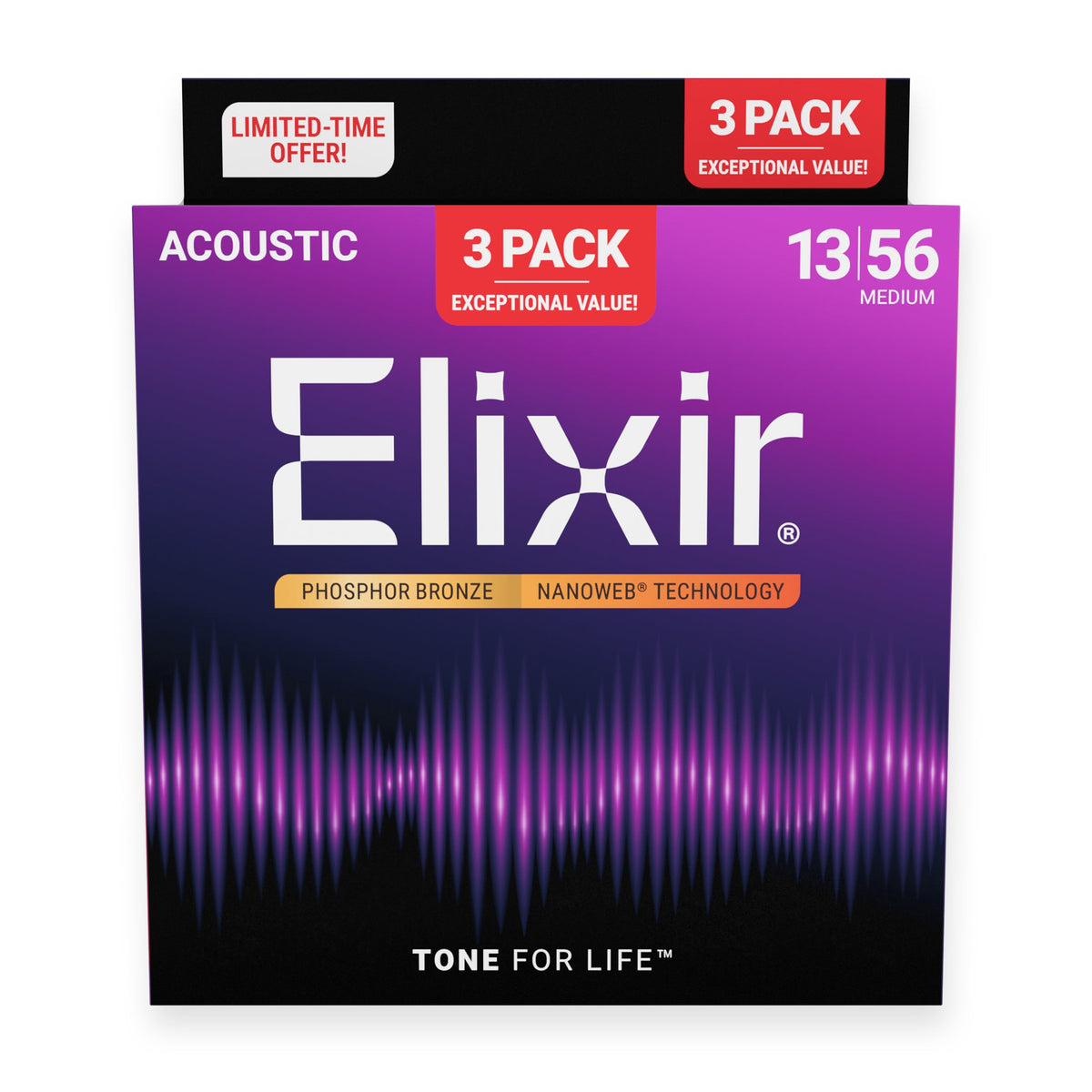 Elixir Nanoweb Phosphor Bronze Acoustic Guitar Strings Medium 13-56 3-Pack