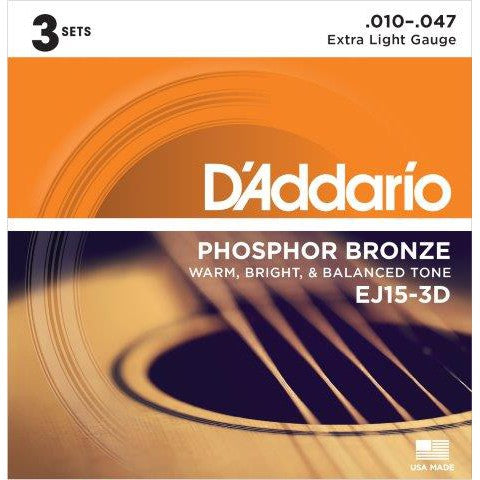 D&#39;Addario EJ15-3D 3-Pack Phosphor Bronze 10 - 47 Acoustic Guitar Strings - Acoustic Centre Music Store, Melbourne Australia