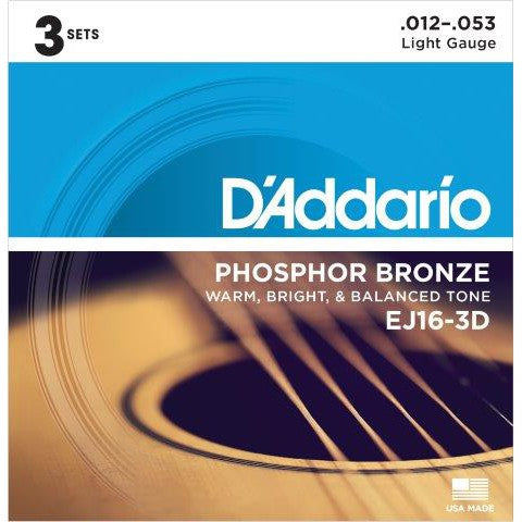 D&#39;Addario EJ16-3D 3-Pack Phosphor Bronze 12 - 53 Acoustic Guitar Strings - Acoustic Centre Music Store, Melbourne Australia