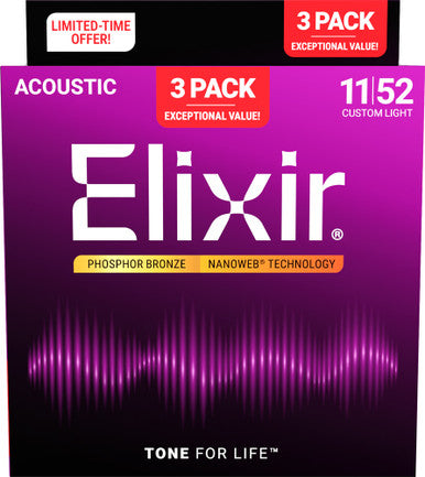 Elixir Nanoweb Phosphor Bronze Acoustic Guitar Strings Custom Light 11-52 3-Pack