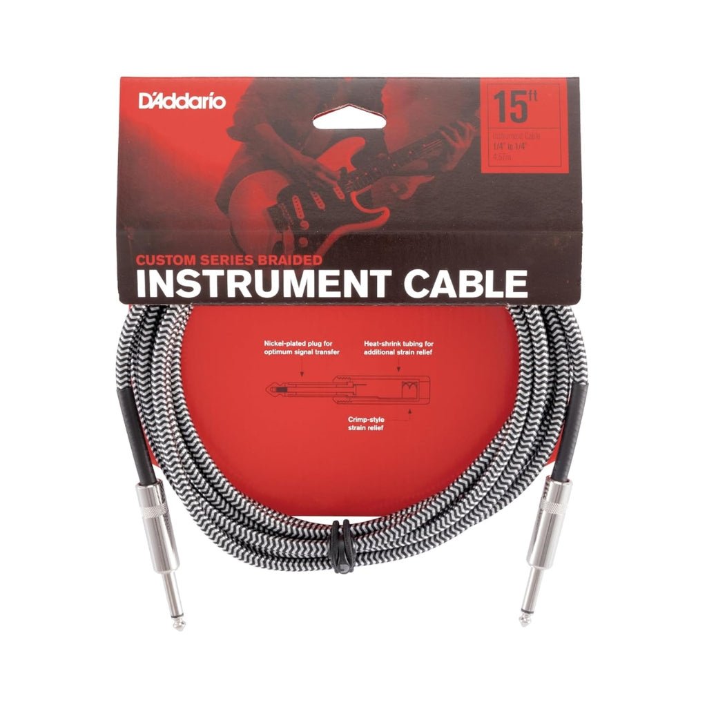 D'Addario Planet Waves Custom Series Braided Instrument Cable 'Black/White Tweed' Straight to Straight 15ft