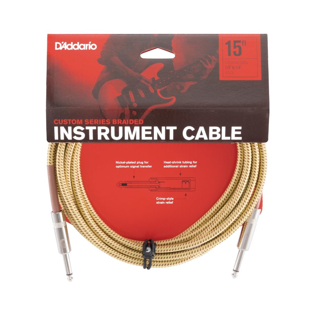 D'Addario Planet Waves PW-BG-15TW Braided Instrument Cable 'Tweed' Straight to Straight 15ft