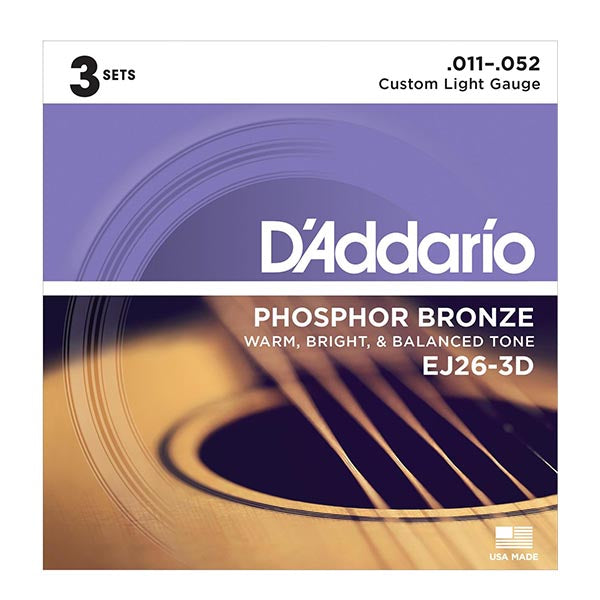 D&#39;Addario EJ26-3D 3-Pack Phosphor Bronze 11 - 52 Acoustic Guitar Strings - Acoustic Centre Music Store, Melbourne Australia