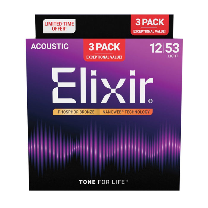 Elixir Nanoweb Phosphor Bronze Acoustic Guitar Strings Light 12-53 3-Pack